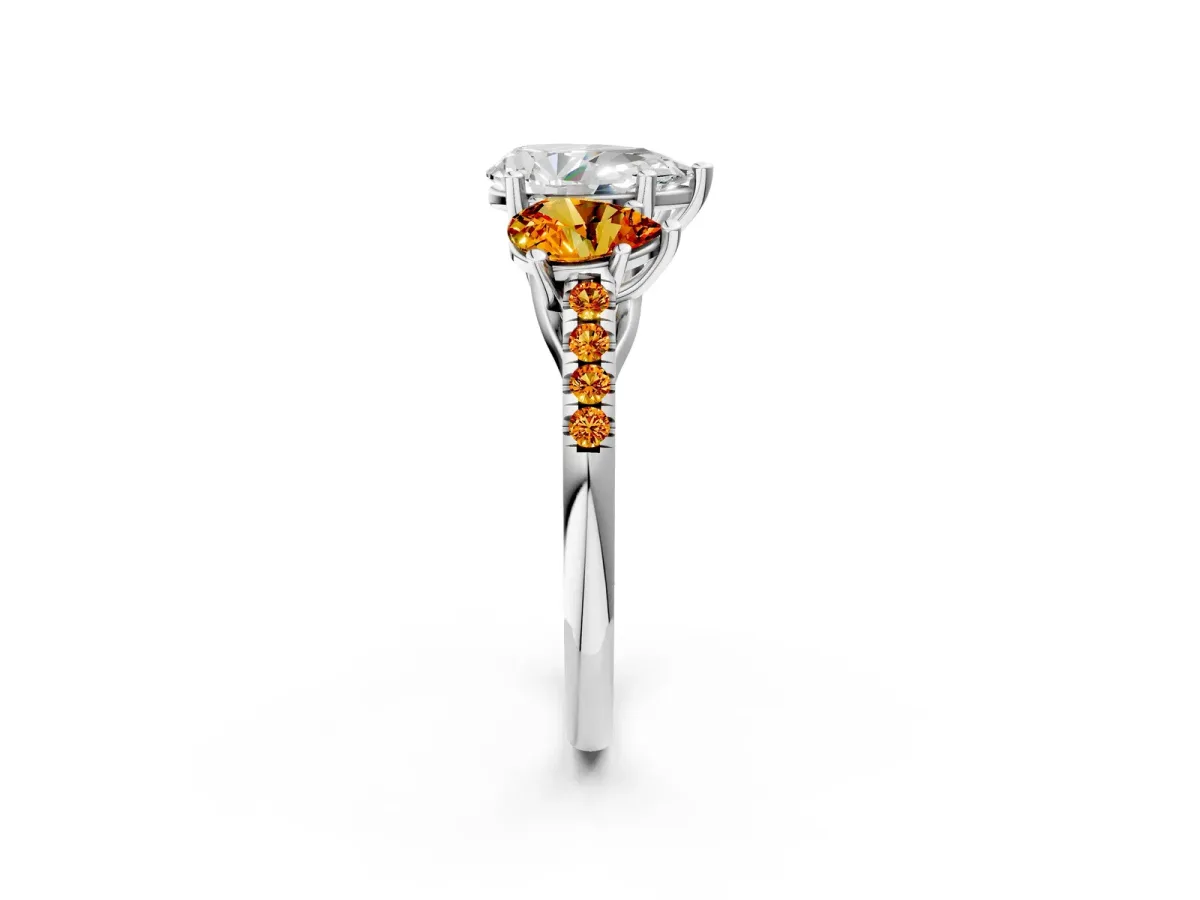 Three-Stone Pear Cut Diamond Ring with Round Citrine Pavé Band and Prong Setting Platinum