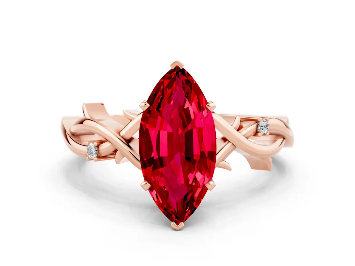 Marquise Cut Ruby Solitaire Ring with Twisted Band and Prong Setting Rose gold