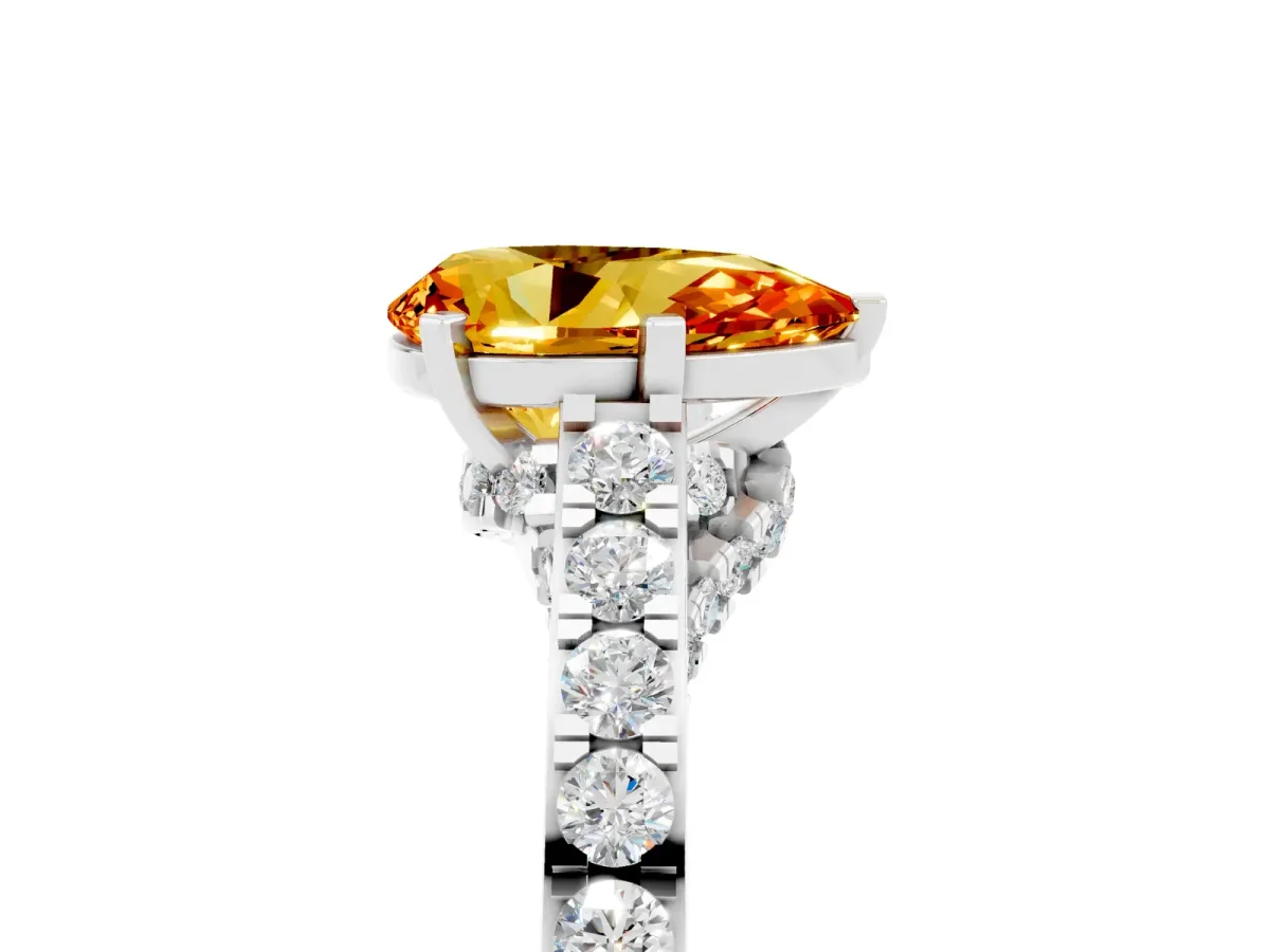 Pear Cut Citrine Solitaire Ring with Crossover Gallery and Round Pavé Band Silver