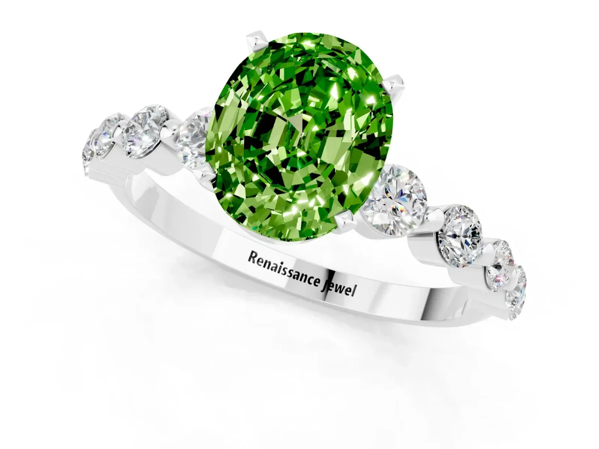 Oval Cut Solitaire Peridot Ring with Pave Band and Four-Prong Setting White gold