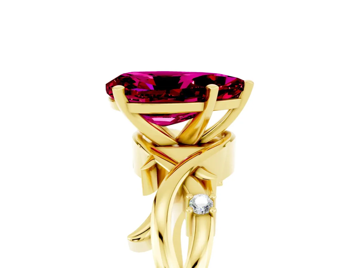 Pear Cut Garnet Solitaire Ring with Twisted Band and Prong Setting Yellow gold