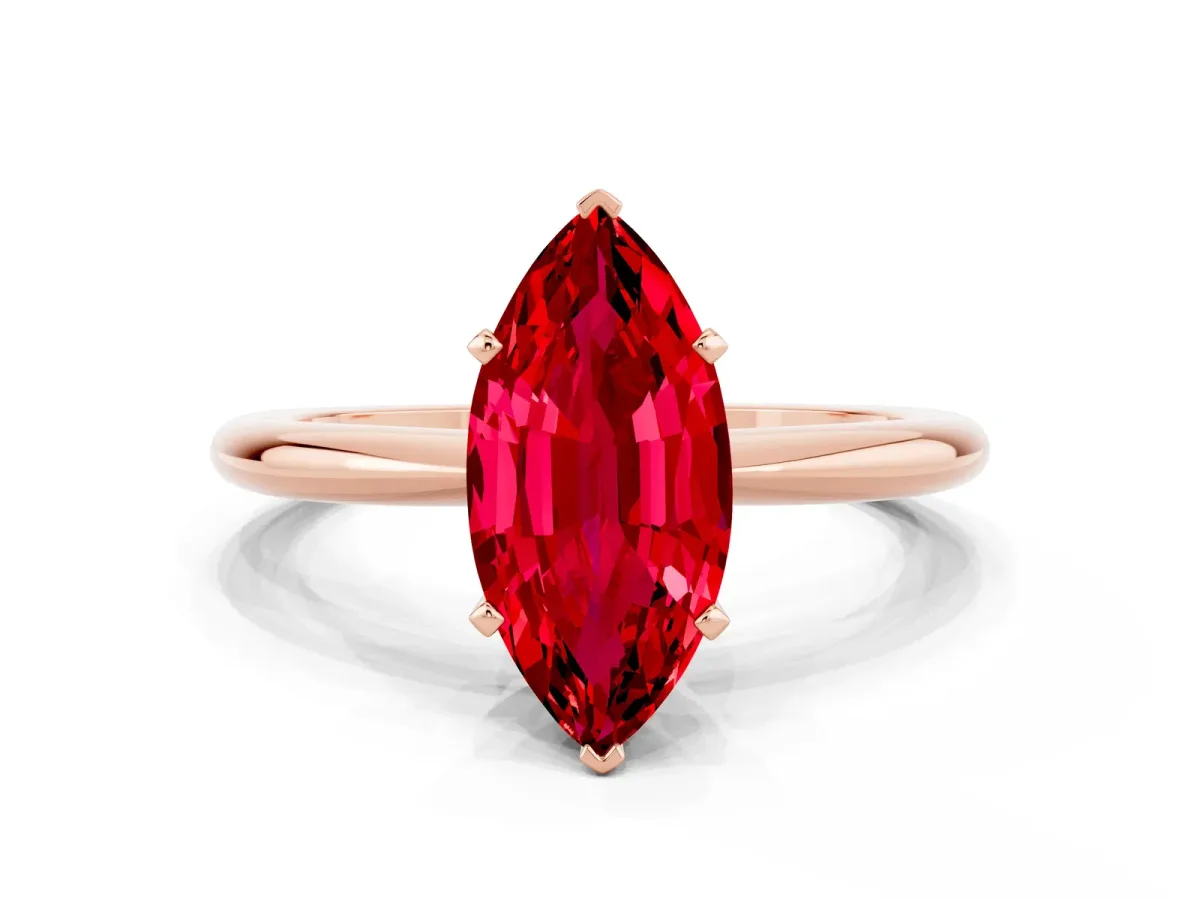 Marquise Cut Ruby Solitaire Ring with Six-Prong Setting and Classic Band Rose gold