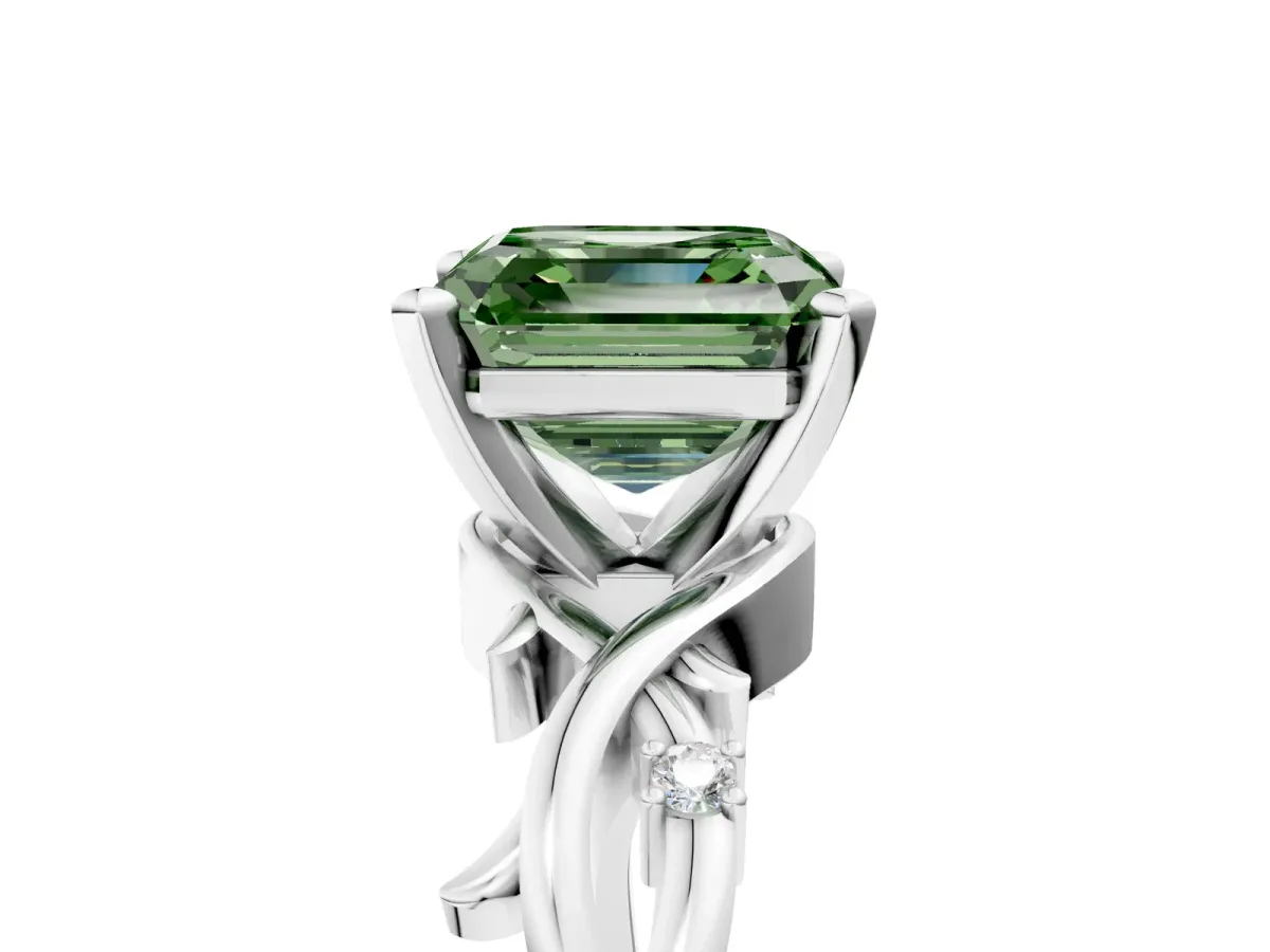 Fancy Green Asscher Cut Diamond Solitaire Ring with Twisted Band and Prong Setting Silver