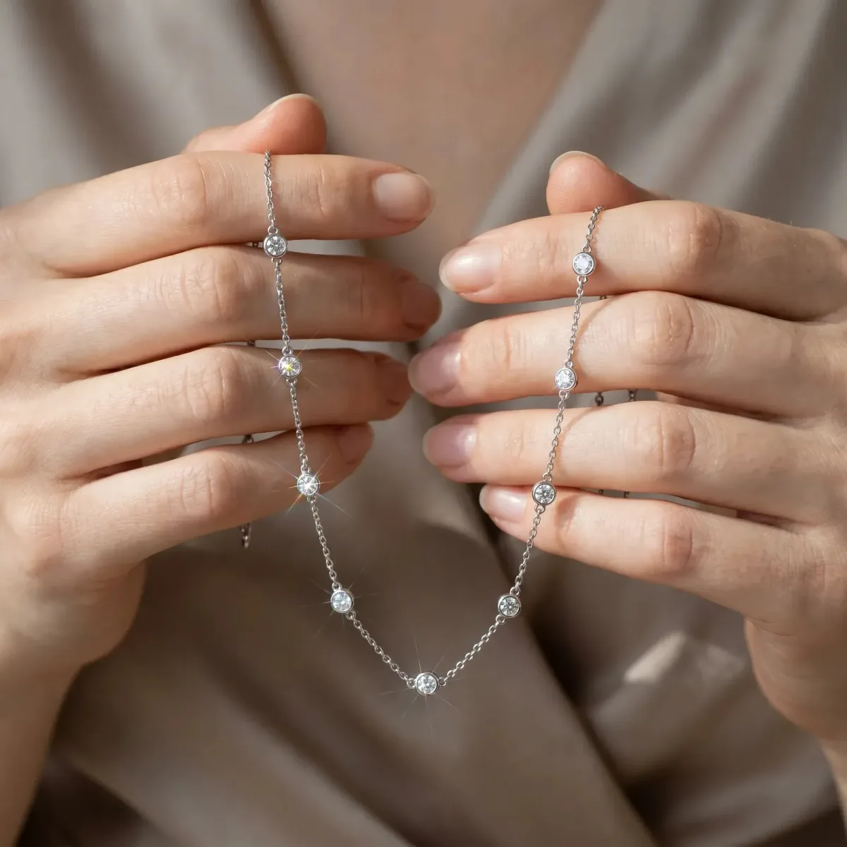Bezel-Set Round Diamond Station Necklace Silver
