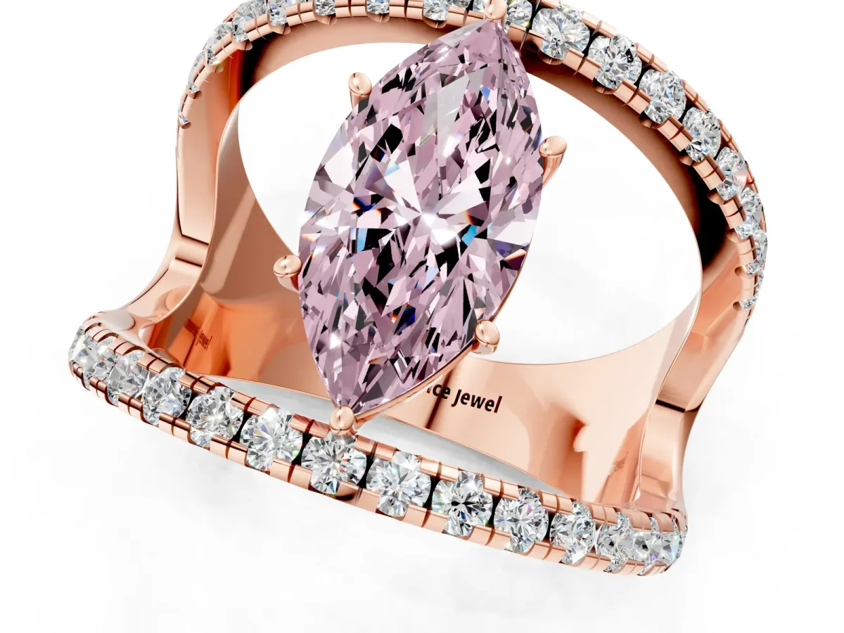 Fancy Pink Marquise Cut Solitaire Split Shank Pave Diamond Ring Rose gold