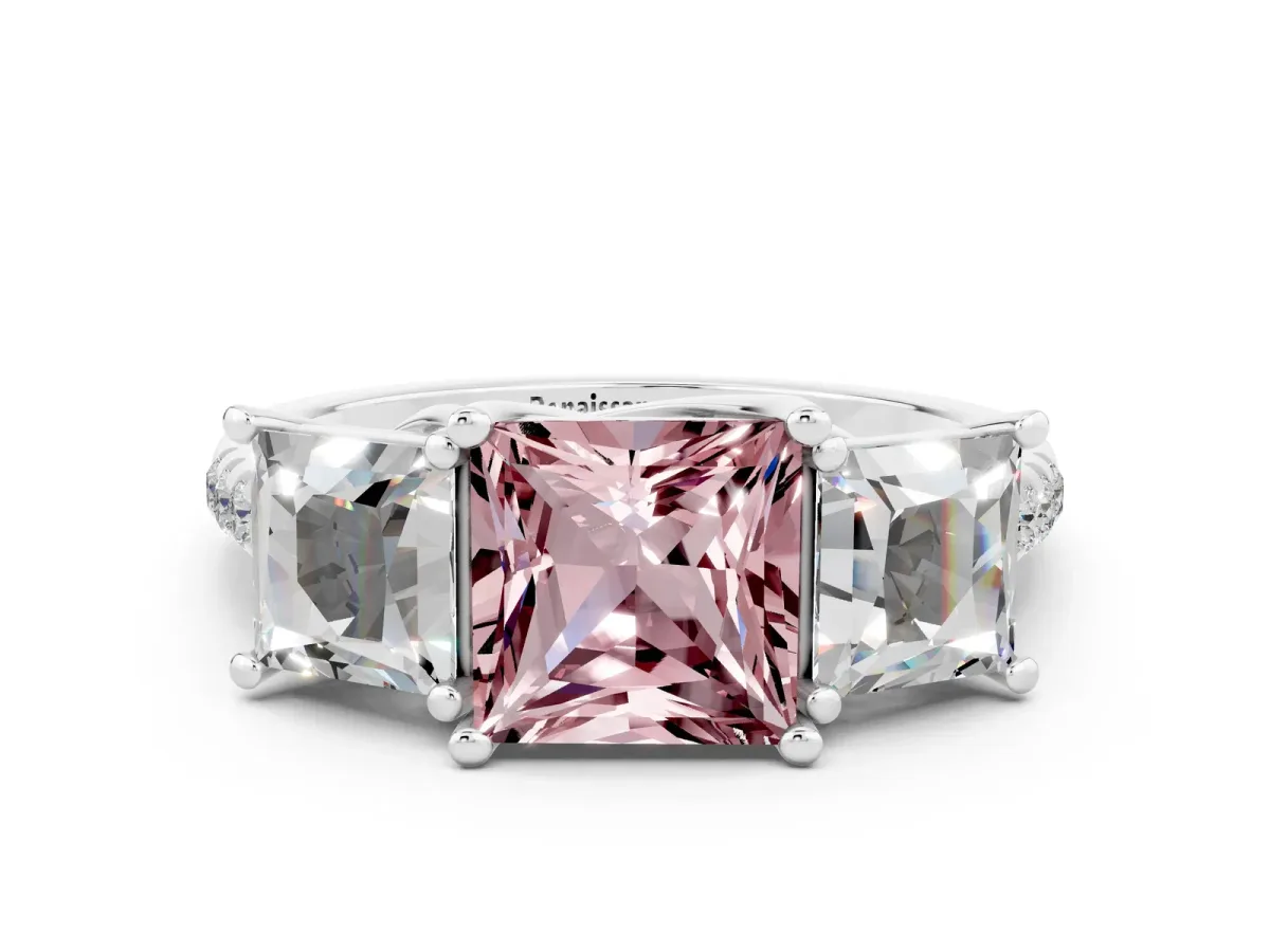 Three-Stone Princess Cut Morganite Ring with Round Pavé Band and Prong Setting Silver