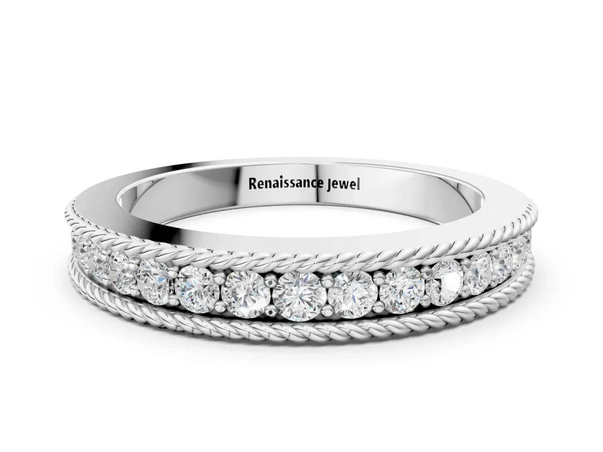 Channel Set Round Diamond Milgrain Edge Band Silver