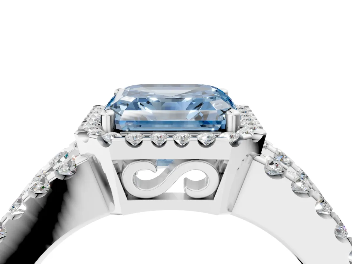 Fancy Blue Asscher Cut Cut Halo Split Shank Diamond Ring with Four-Prong Setting Platinum