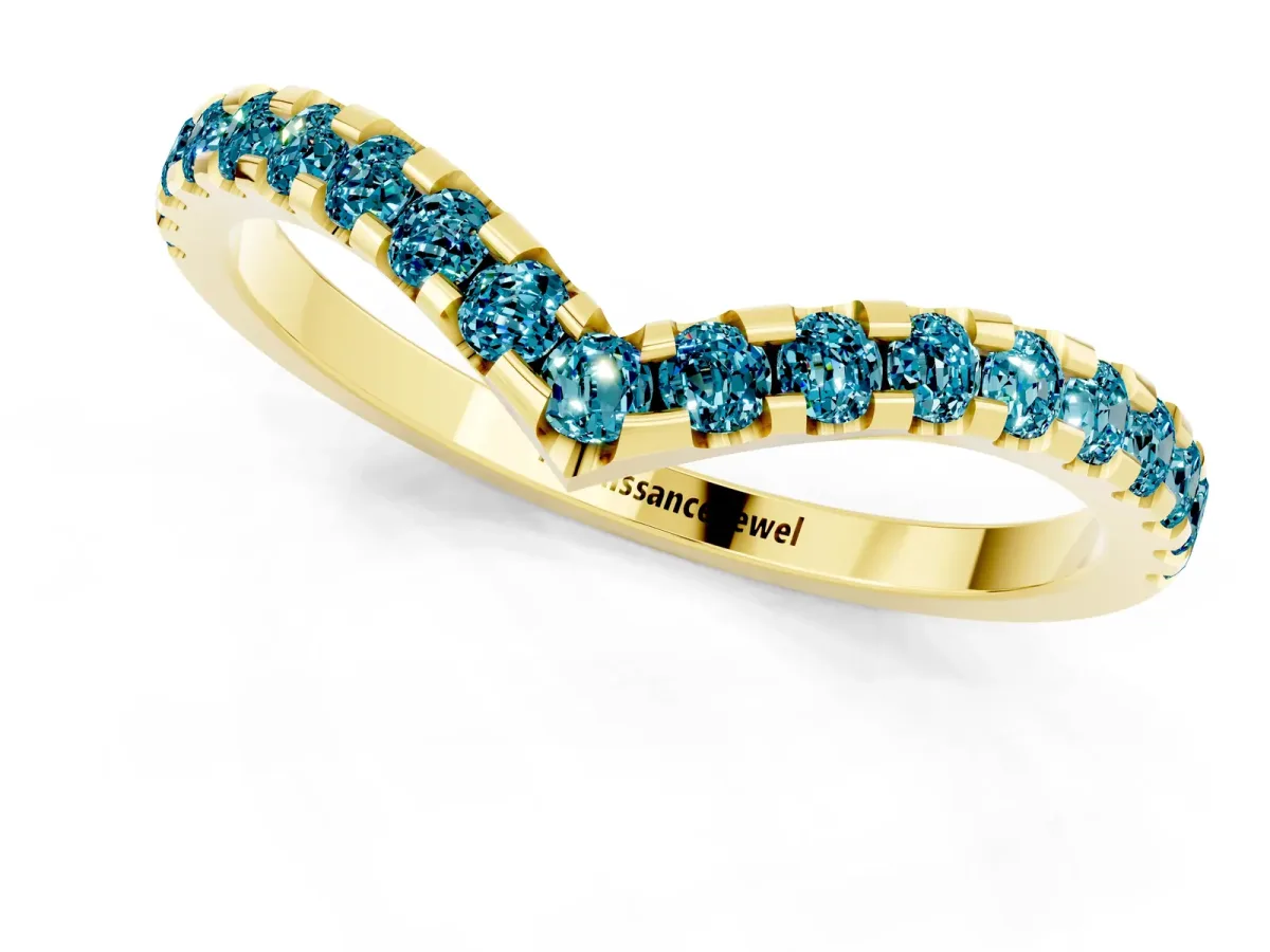 Pavé Round Blue Topaz Chevron Band with Shared Prong Setting Yellow gold
