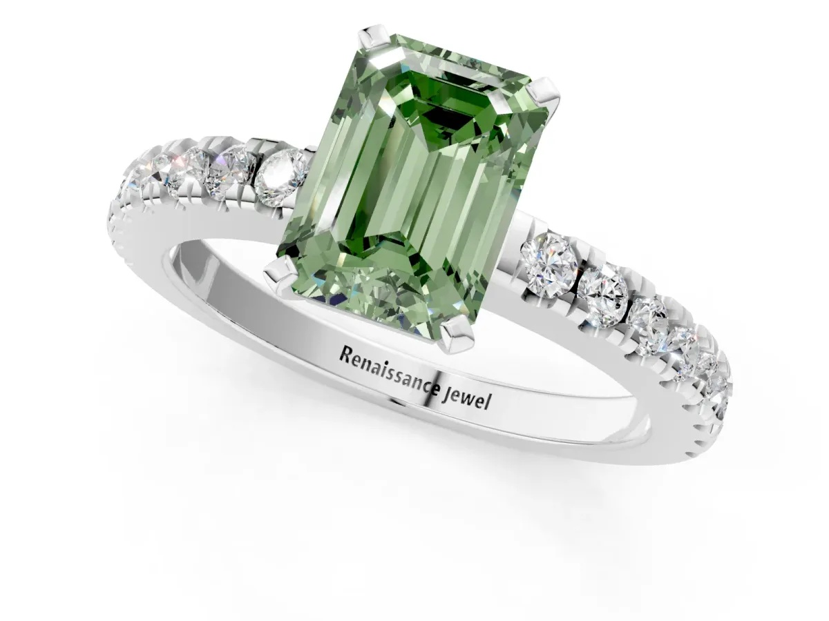 Fancy Green Emerald Cut Solitaire Diamond with Pavé Band and Four-Prong Setting Silver