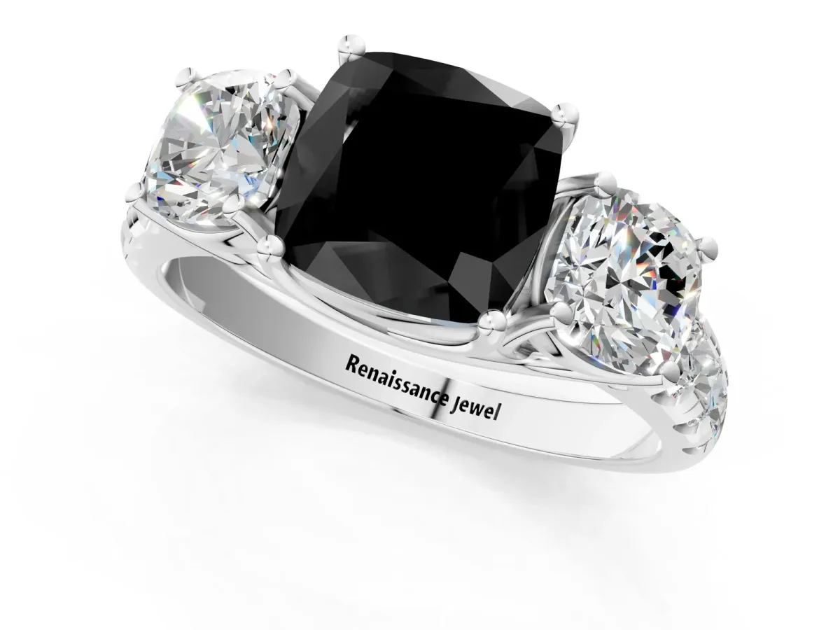 Fancy Black Three-Stone Cushion Cut Diamond Pavé Band with Prong Setting Platinum