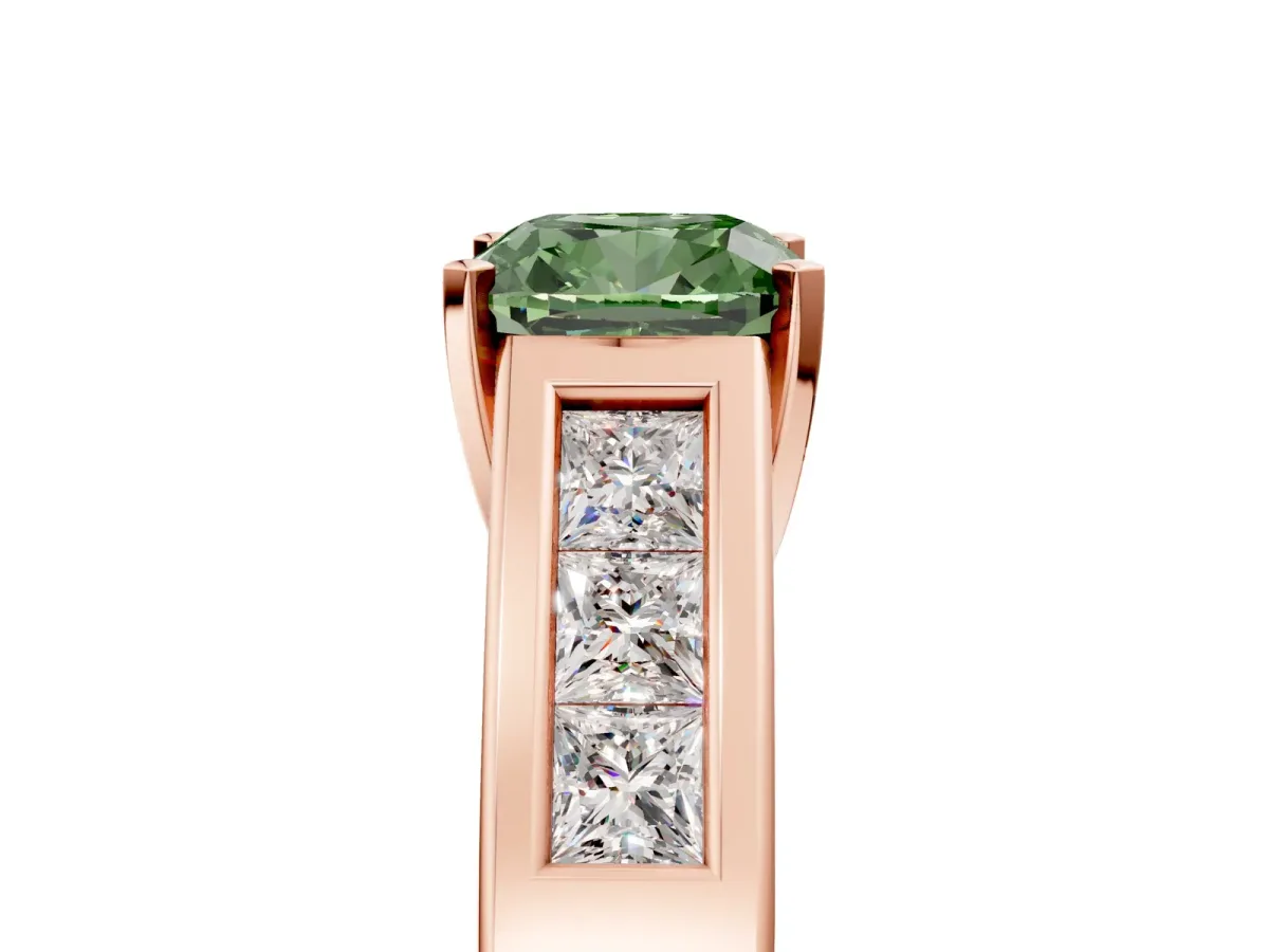 Fancy Green Cushion Cut Cut Channel Set Solitaire Ring with Four-Prong Setting Rose gold