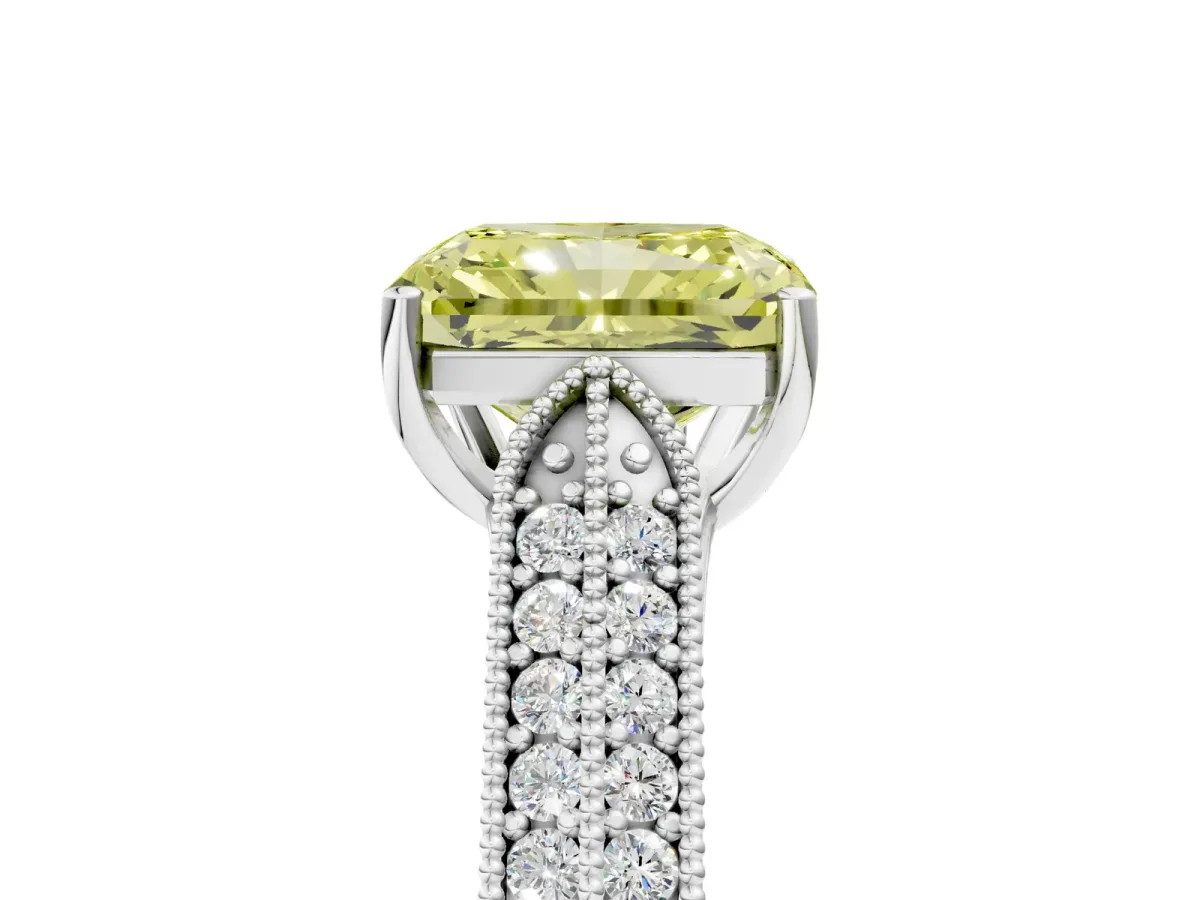 Fancy Yellow Radiant Cut Cut Pave Split Shank Engagement Ring with Four-Prong Setting Platinum