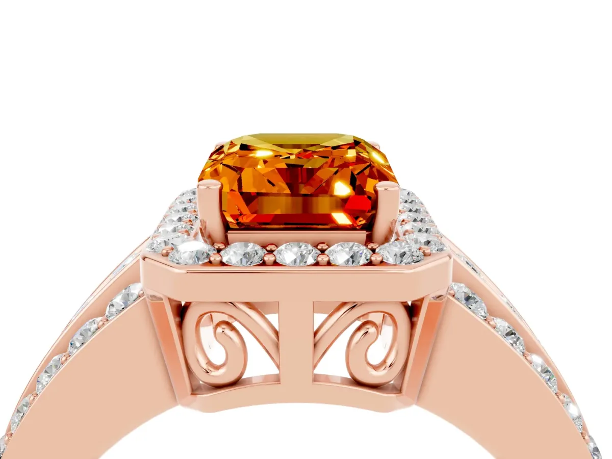 Emerald Cut Halo Citrine Ring with Round Split Shank and Prong Setting Rose gold