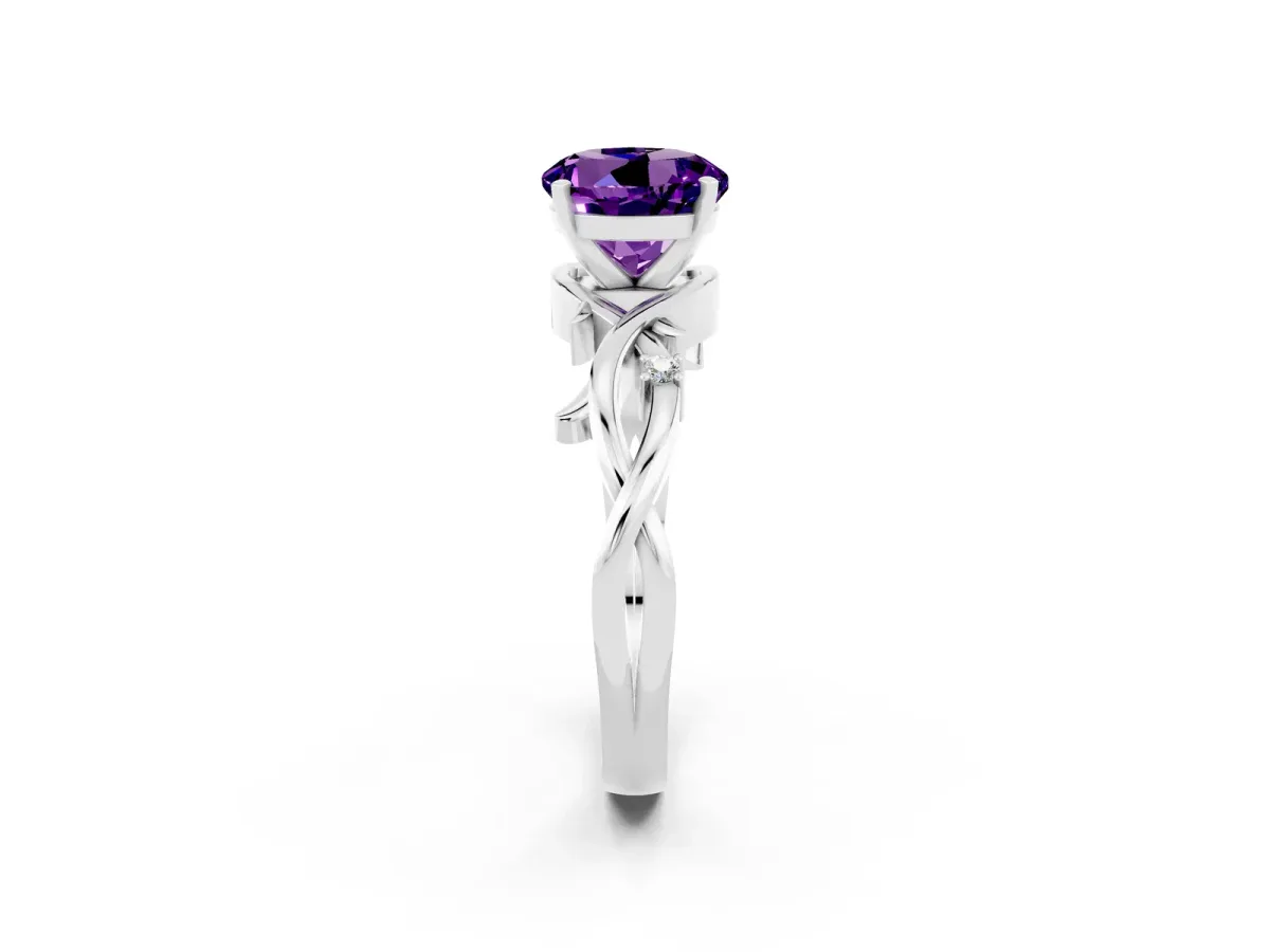 Round Cut Amethyst Solitaire Ring with Twisted Band and Prong Setting Platinum