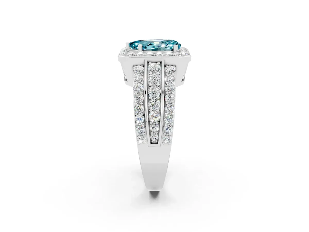Pear Cut Halo Blue Topaz Ring with Round Split Shank and Prong Setting Silver