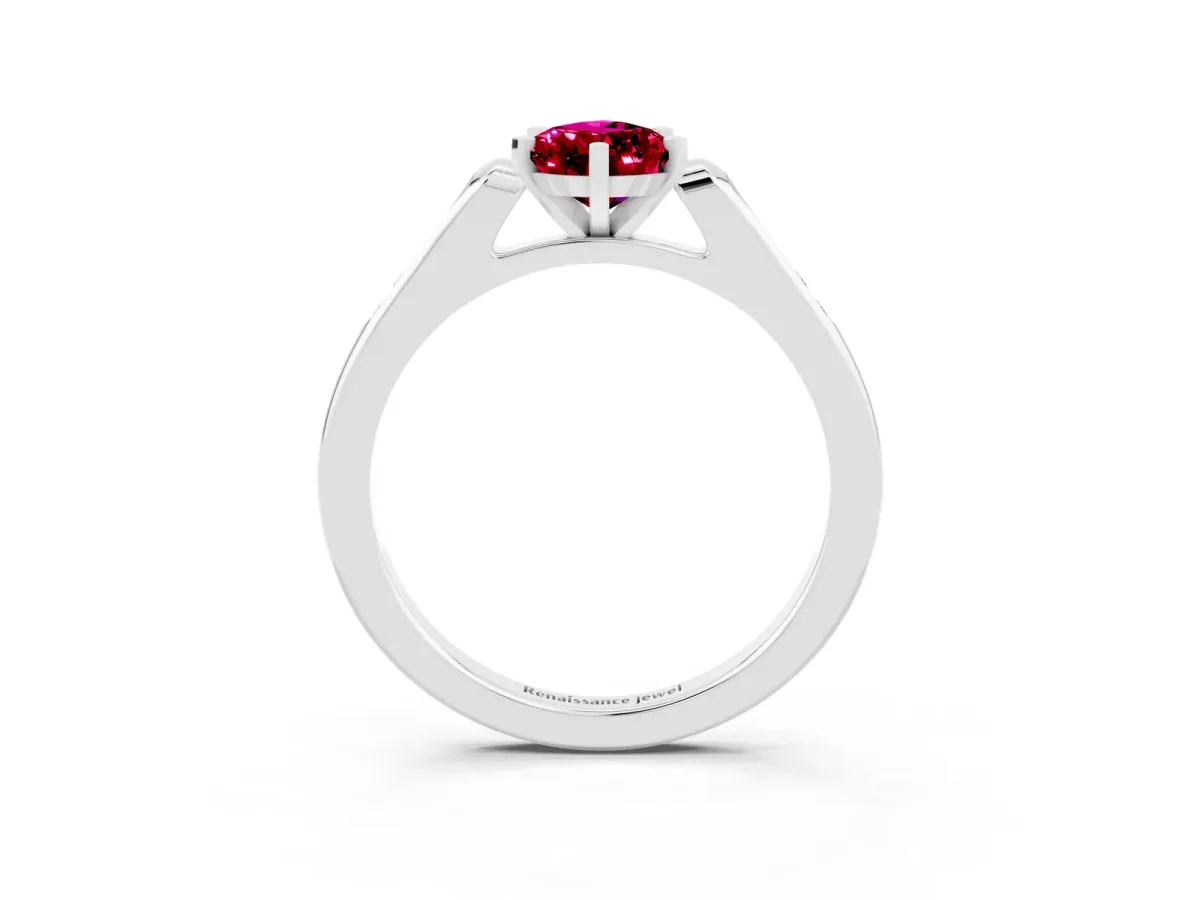 Pear Cut Garnet Solitaire Ring with Channel Set Round Band and Prong Setting Platinum