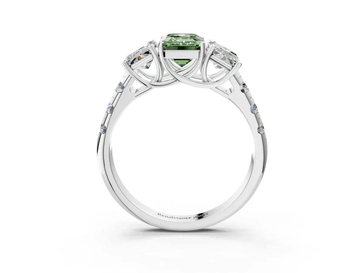 Fancy Green Three-Stone Emerald Cut Diamond Pavé Band with Prong Setting Platinum