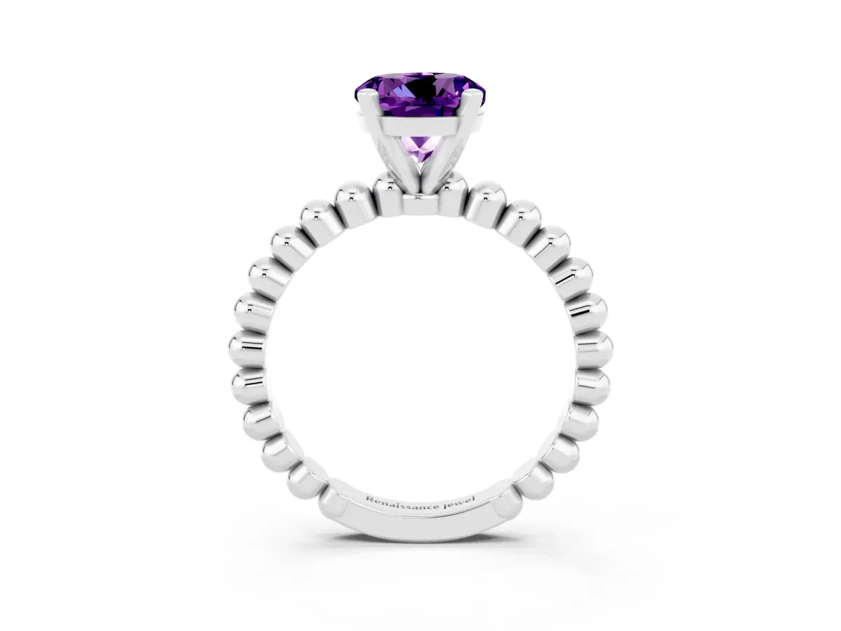 Round Cut Amethyst Solitaire Ring with Beaded Band and Prong Setting Silver