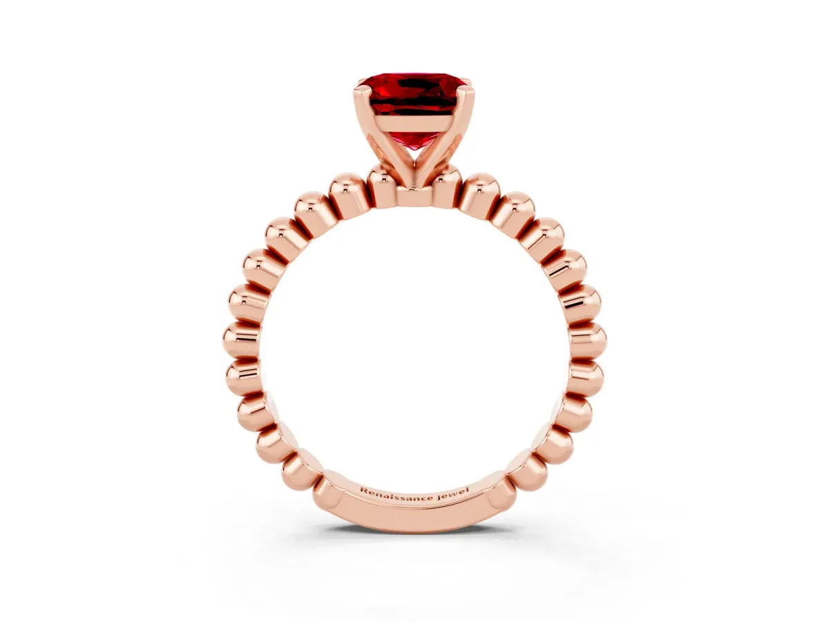 Cushion Cut Ruby Solitaire Ring with Beaded Band and Prong Setting Rose gold