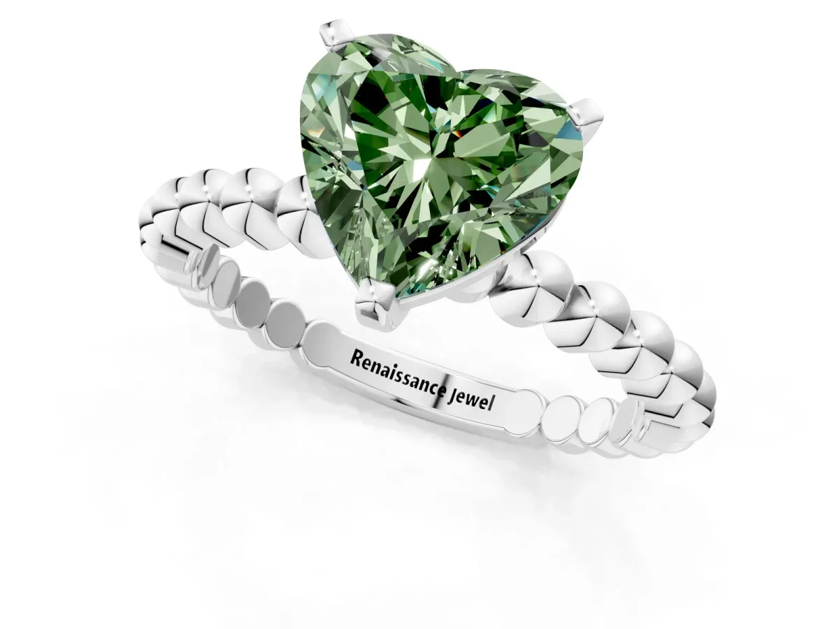 Fancy Green Heart Cut Diamond Solitaire Ring with Beaded Band and Prong Setting Silver