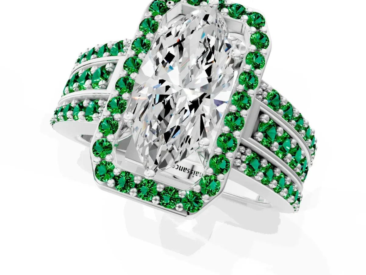 Marquise Cut Halo Diamond Ring with Round Emerald Split Shank and Prong Setting Silver
