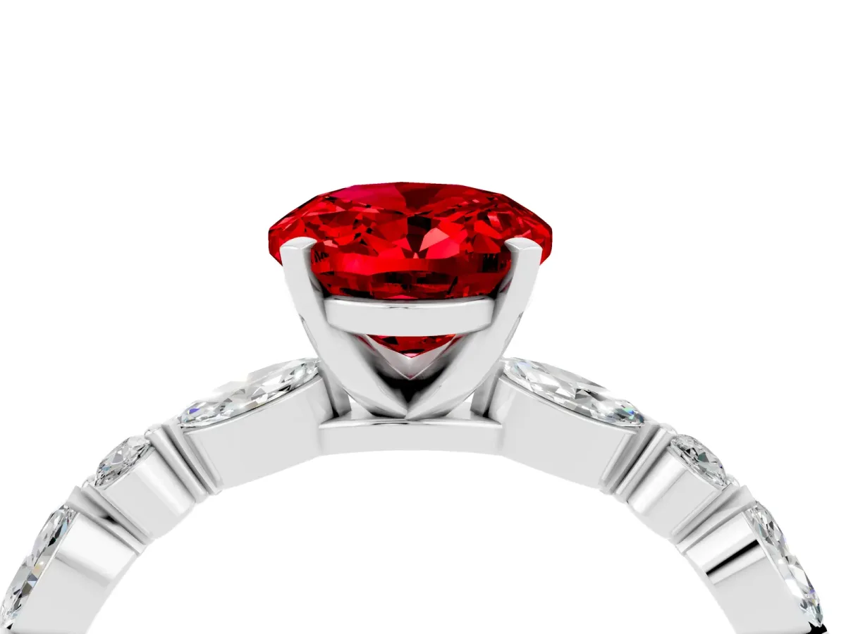 Oval Cut Ruby Ring with Marquise and Round Side Stones and Four-Prong Setting White gold