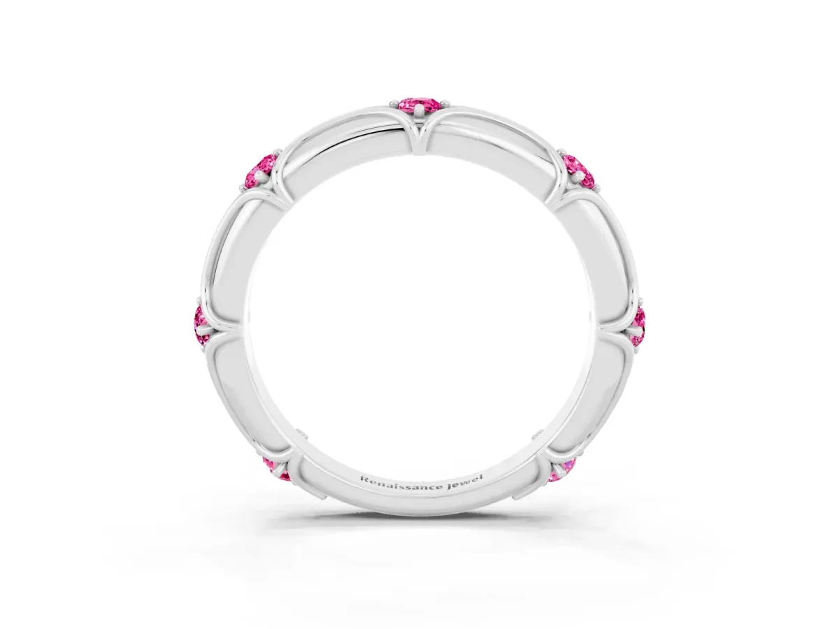 Round Pink Sapphire Prong Set Milgrain Eternity Band Silver