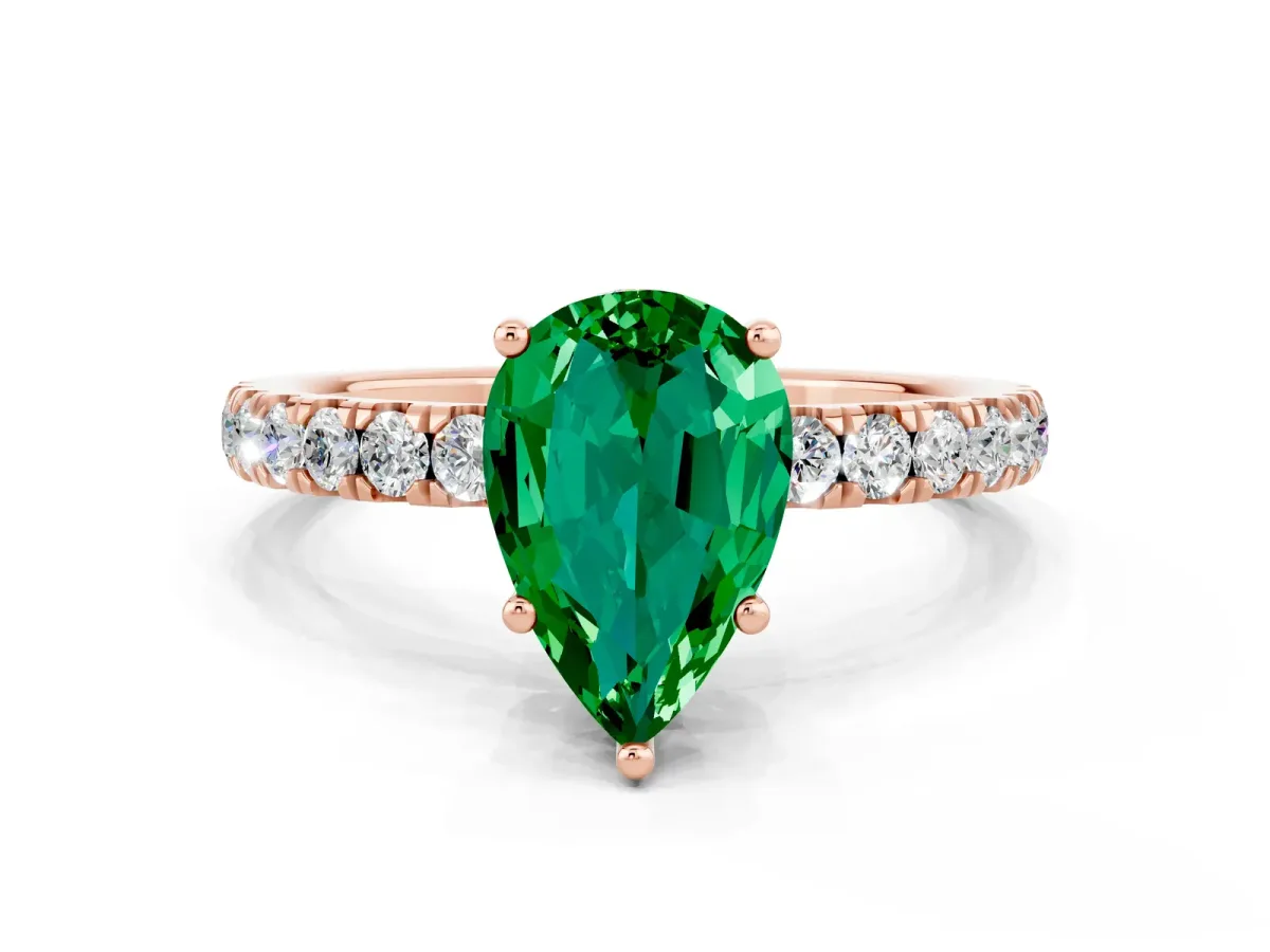 Pear Cut Emerald Pave Band Solitaire Ring with Round and Prong Setting Rose gold