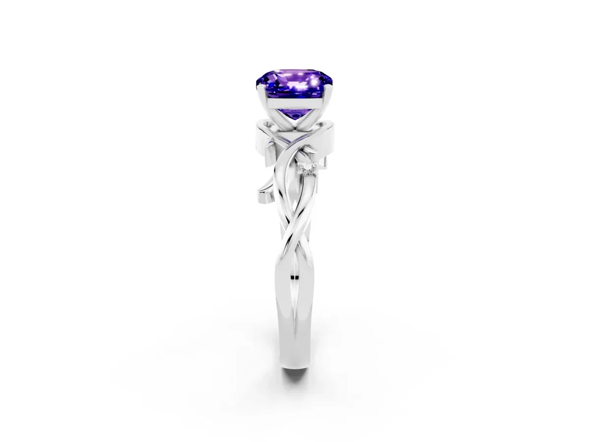 Cushion Cut Tanzanite Solitaire Ring with Twisted Band and Prong Setting Platinum