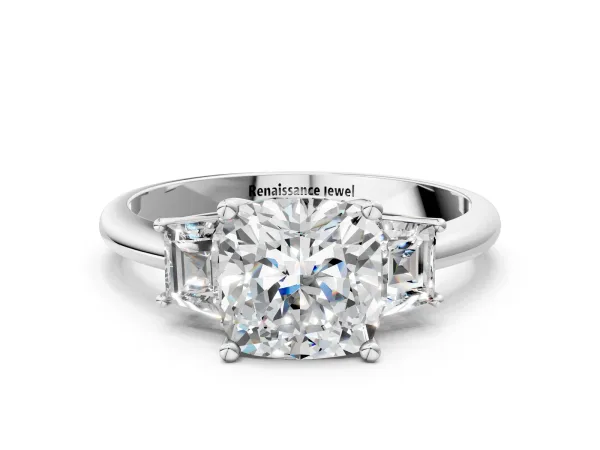 Cushion Cut Diamond Three-Stone Ring with Trapezoid Side Stones and Prong Setting Platinum