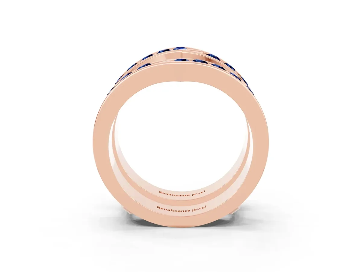 Round Blue Sapphire Channel-Set Chevron Band Rose gold