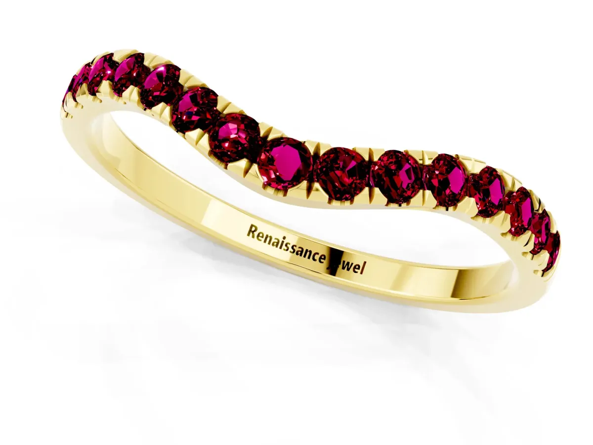 Curved Pavé Round Garnet Wedding Band with Shared Prong Setting Yellow gold