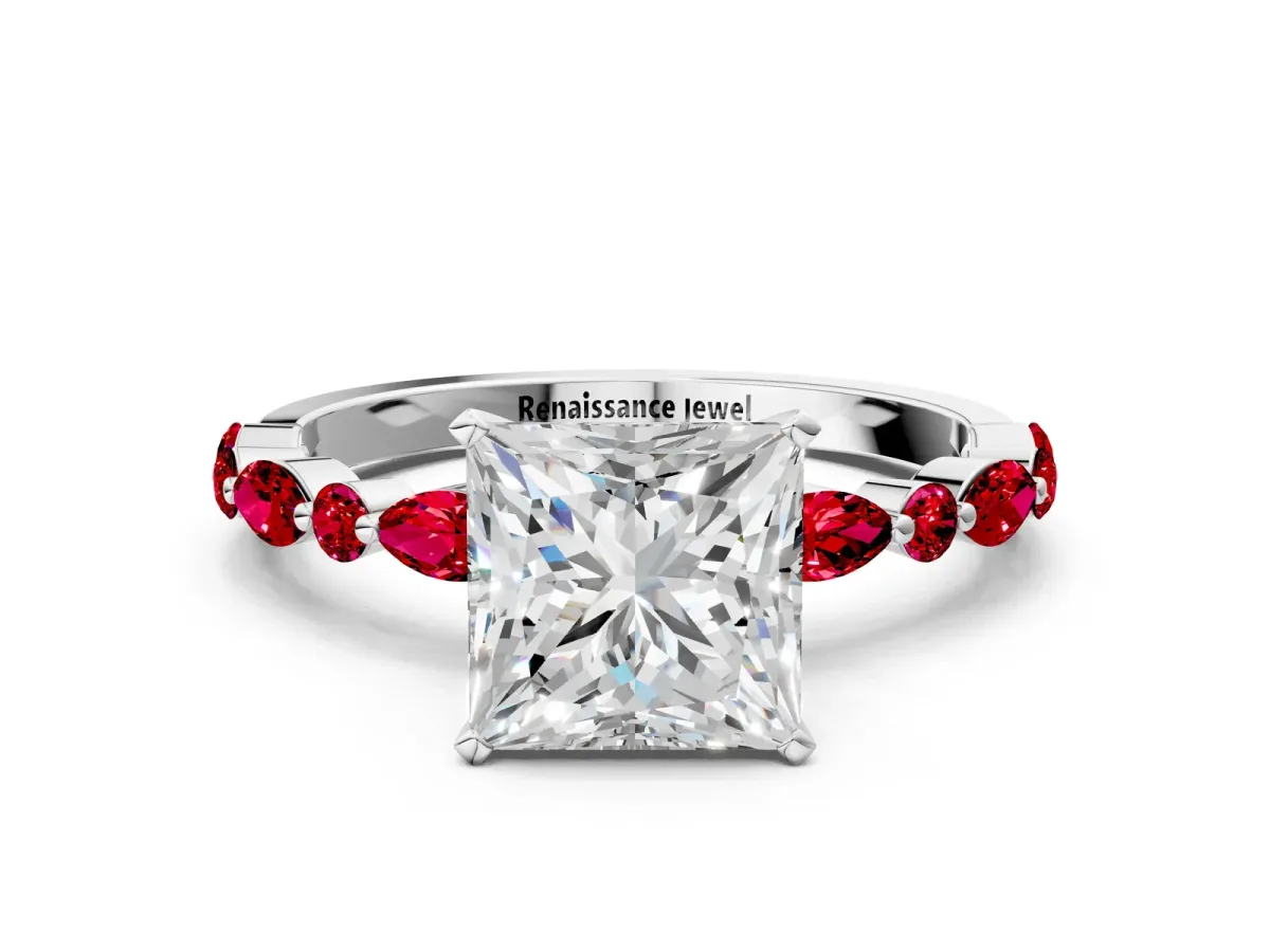 Princess Cut Diamond Ring with Marquise and Round Ruby Side Stones and Four-Prong Setting White gold