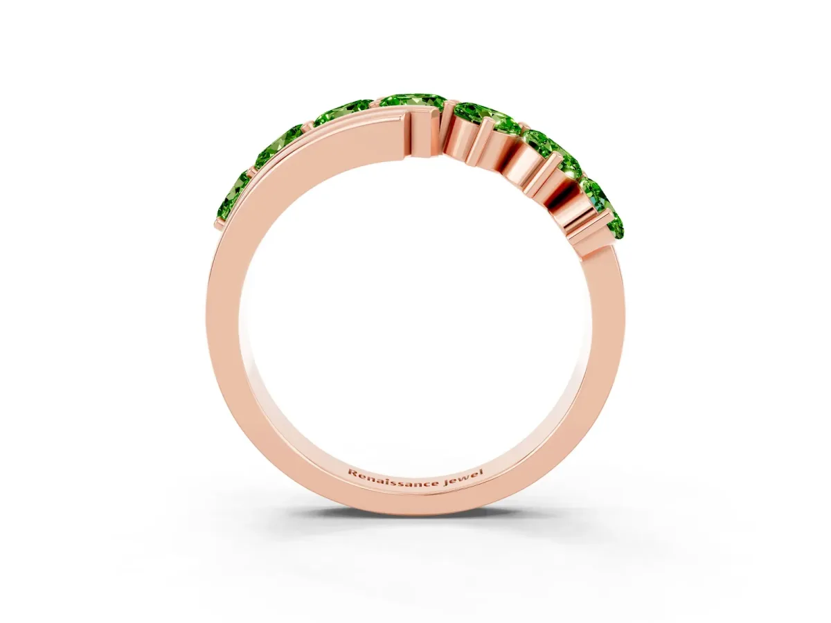 Round Peridot Wave Band with Channel and Shared Prong Setting Rose gold