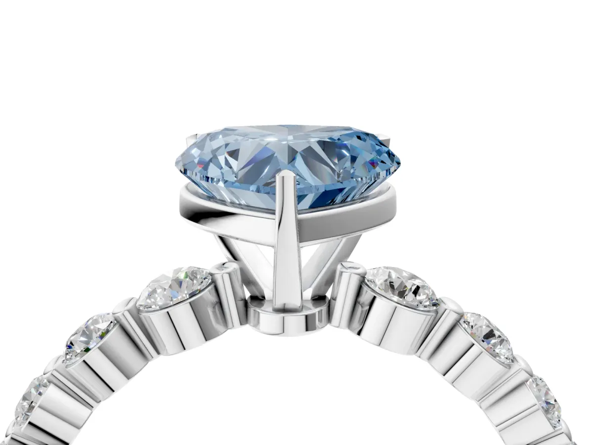 Fancy Blue Heart Cut Solitaire Diamond Ring with Pave Band and Four-Prong Setting Silver