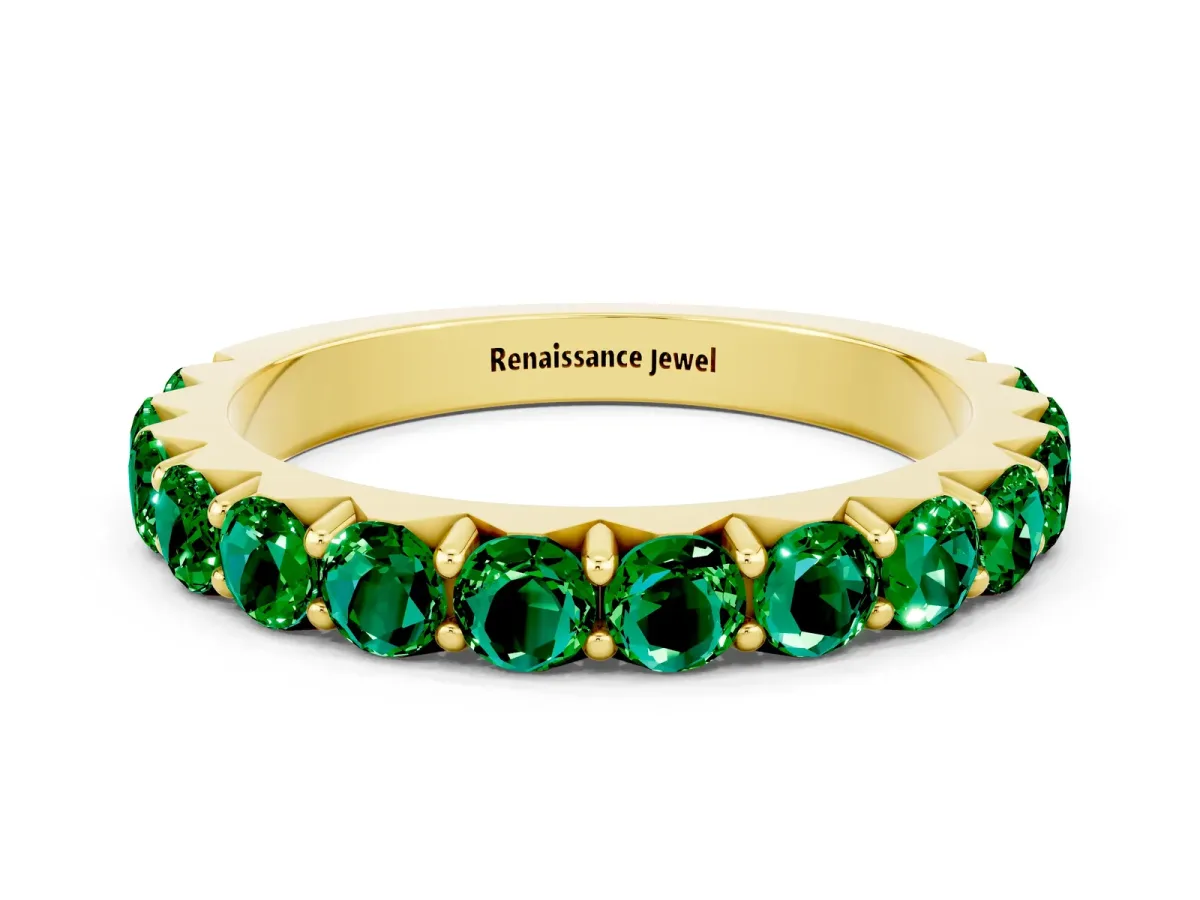 Round Emerald Half Eternity Band with Classic Prong Setting Yellow gold