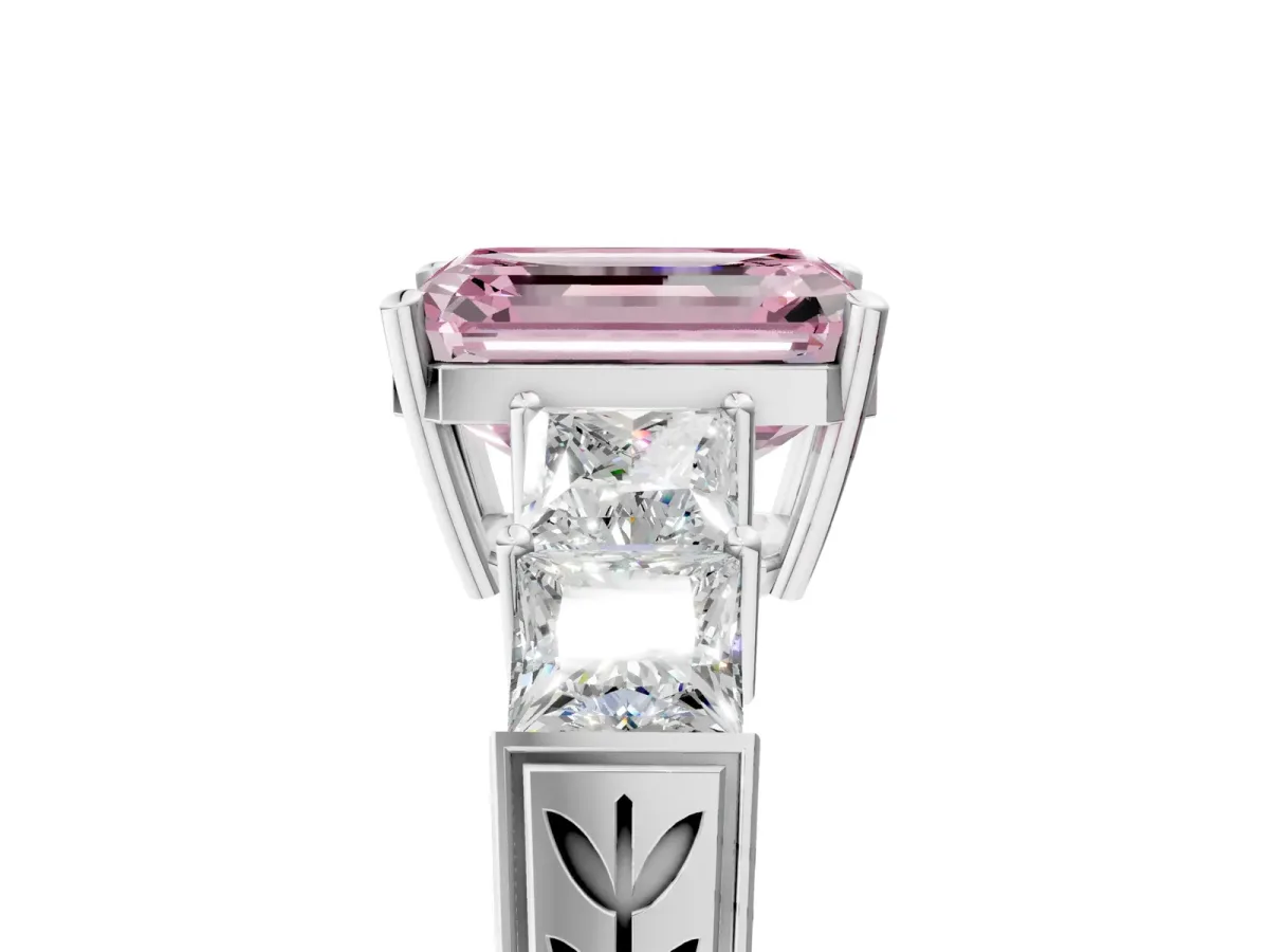 Fancy Pink Emerald Cut Solitaire Princess Side Stone Engraved Band Prong Setting Ring Platinum