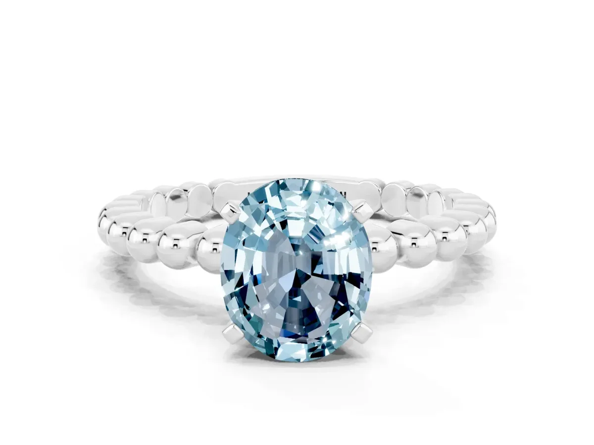 Oval Cut Aquamarine Solitaire Ring with Beaded Band and Prong Setting Platinum