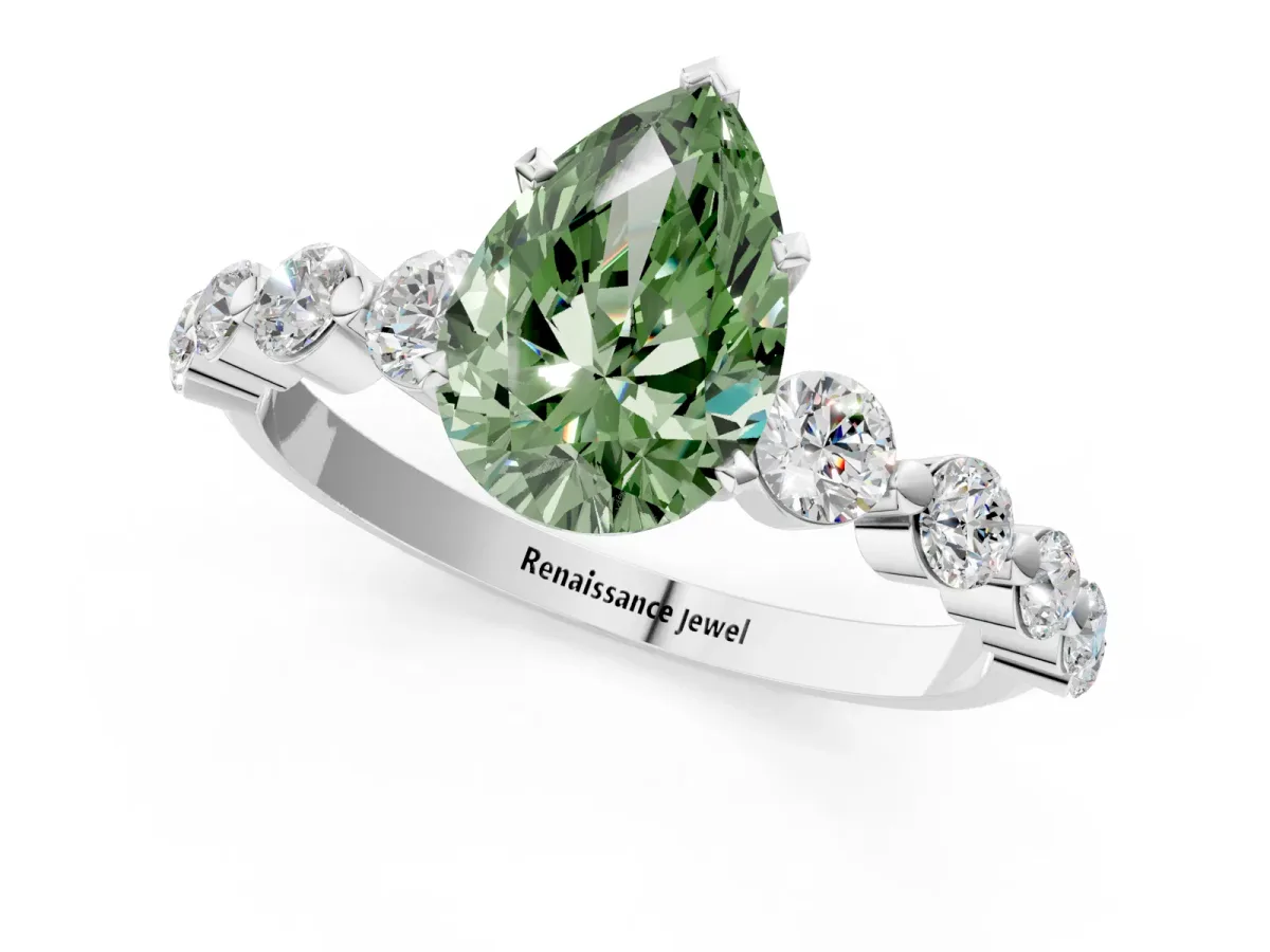 Fancy Green Pear Cut Solitaire Diamond Ring with Pave Band and Four-Prong Setting Platinum