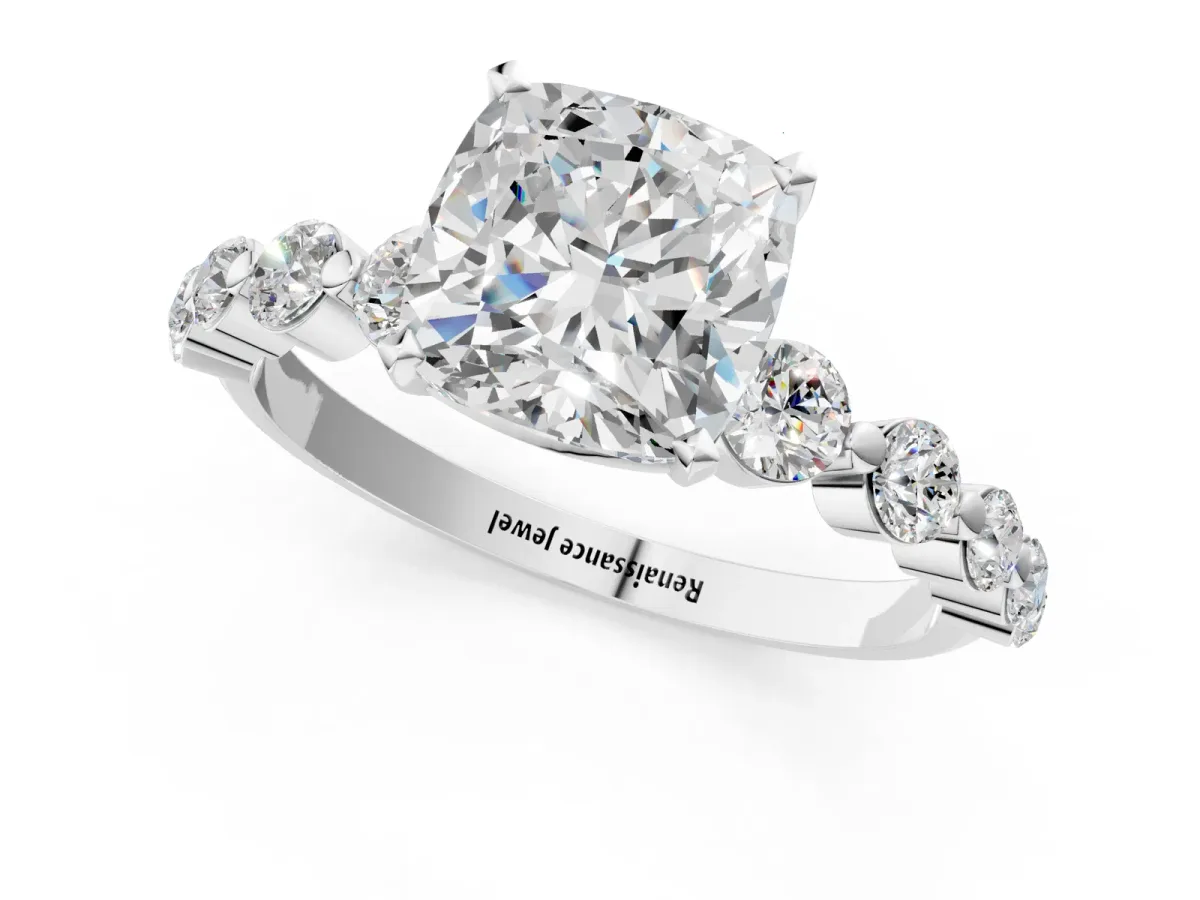 Cushion Cut Solitaire Diamond Ring with Pave Band and Four-Prong Setting Silver