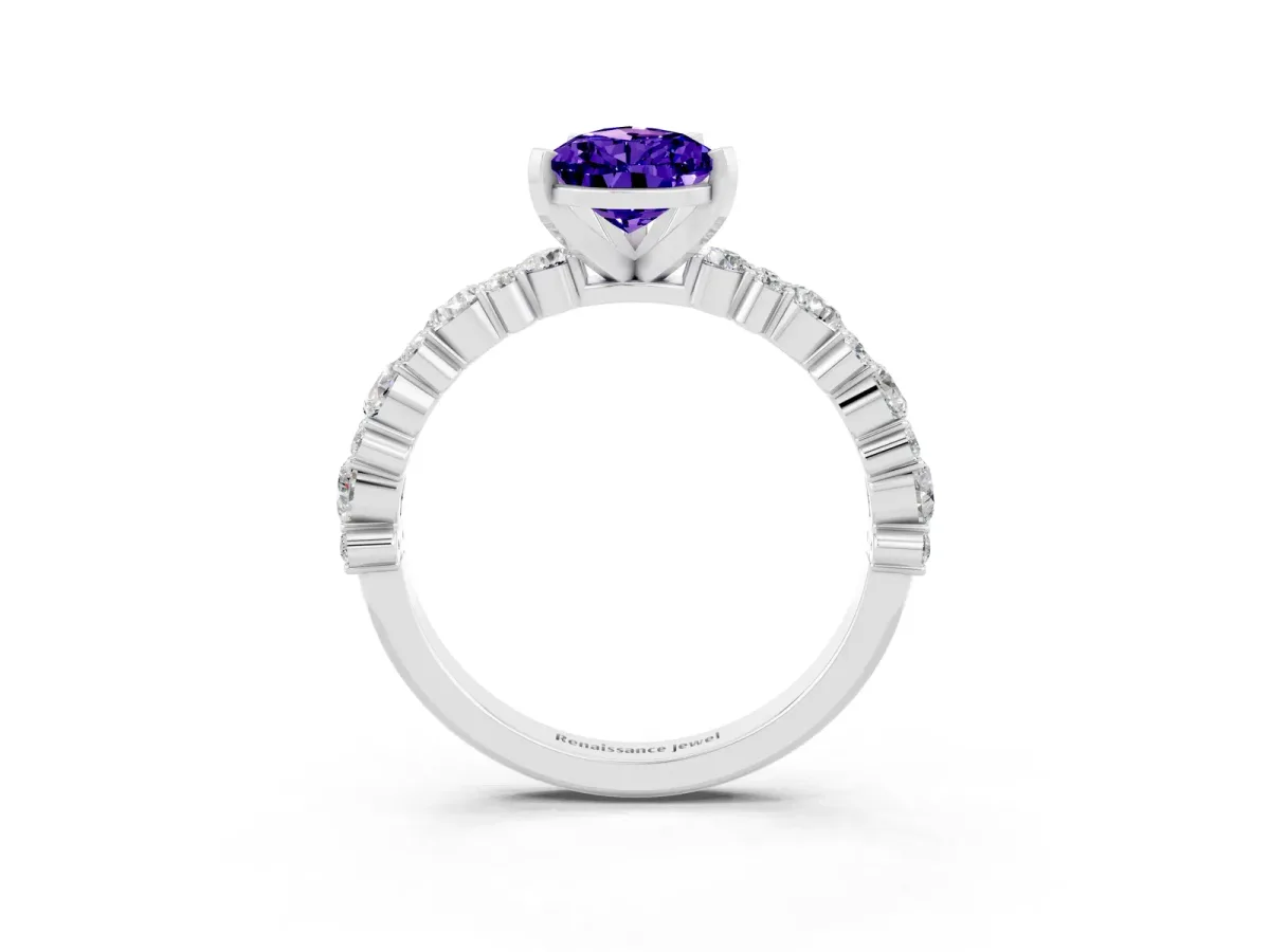 Pear Cut Tanzanite Side Stone Solitaire Ring with Round and Four-Prong Setting White gold