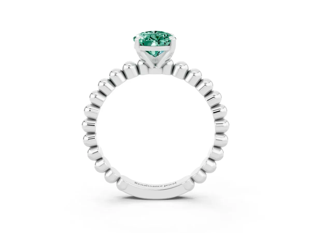 Pear Cut Green Sapphire Solitaire Ring with Beaded Band and Prong Setting Platinum
