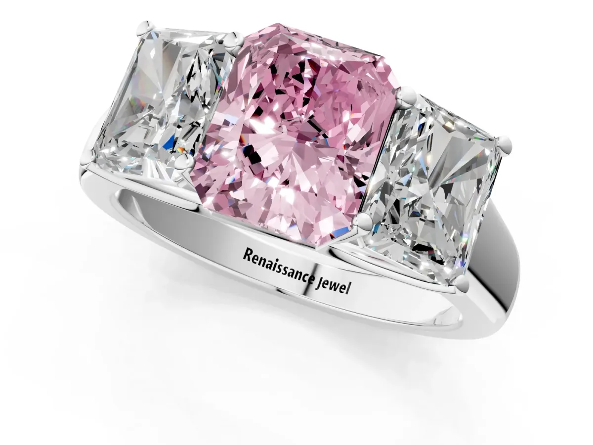 Fancy Pink Radiant Cut Three-Stone Diamond Ring with Prong Setting on a Classic Band Platinum