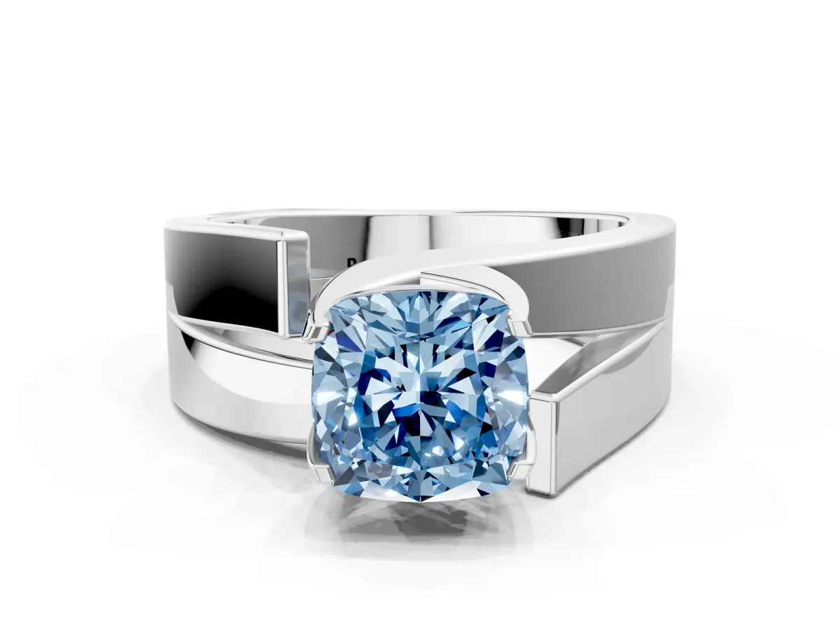 Fancy Blue Modern Tension Set Cushion Cut Diamond Solitaire Wide Band Ring Silver