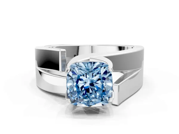 Fancy Blue Modern Tension Set Cushion Cut Diamond Solitaire Wide Band Ring Platinum