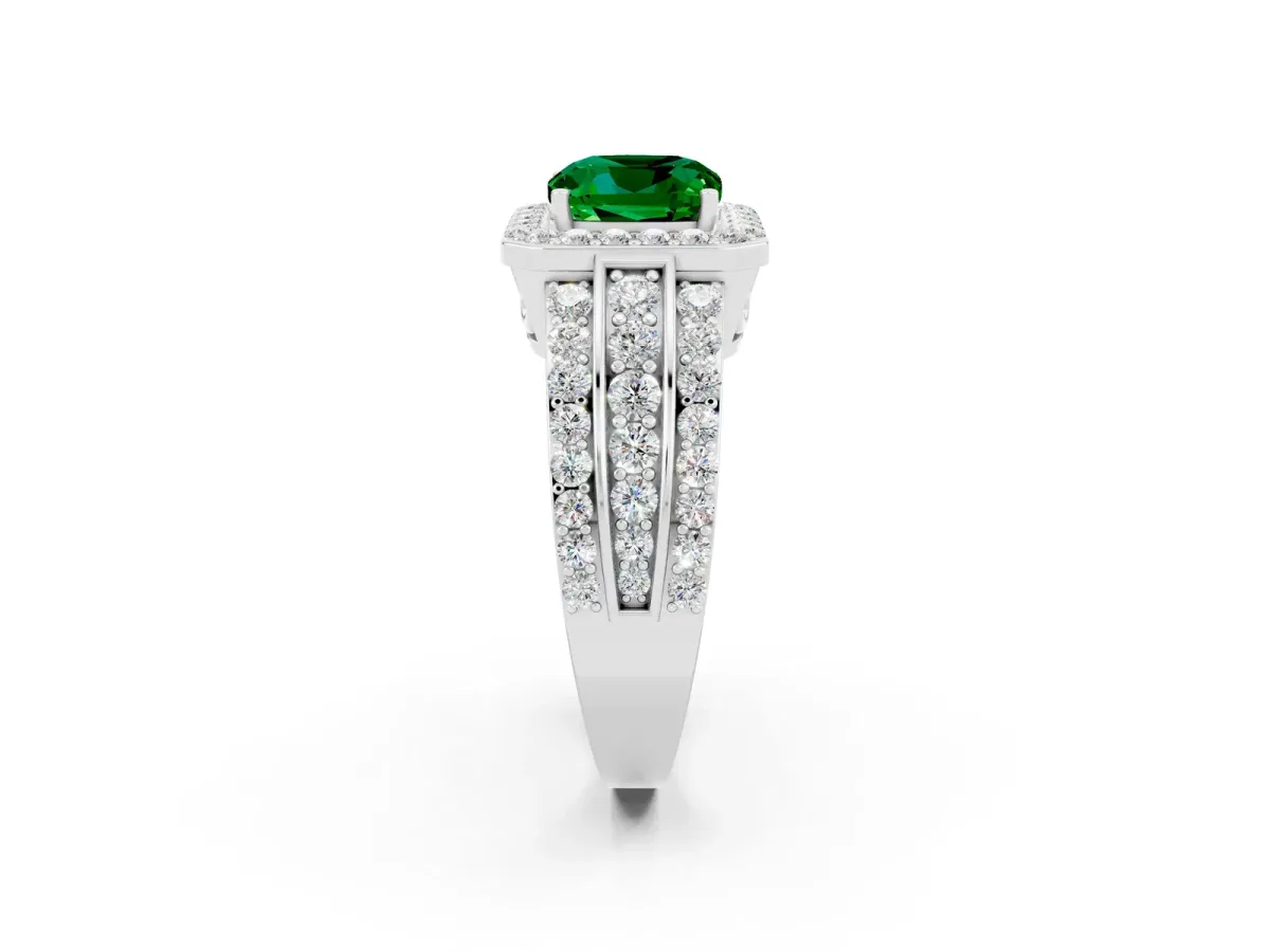 Cushion Cut Halo Emerald Ring with Round Split Shank and Prong Setting Platinum