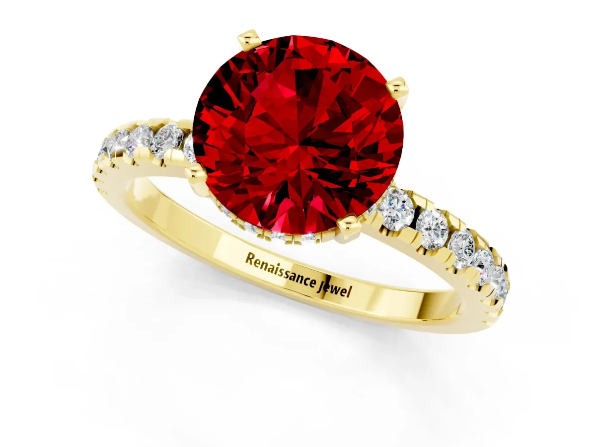 Round Cut Ruby Solitaire Ring with Round Pavé Band and Four-Prong Setting Yellow gold