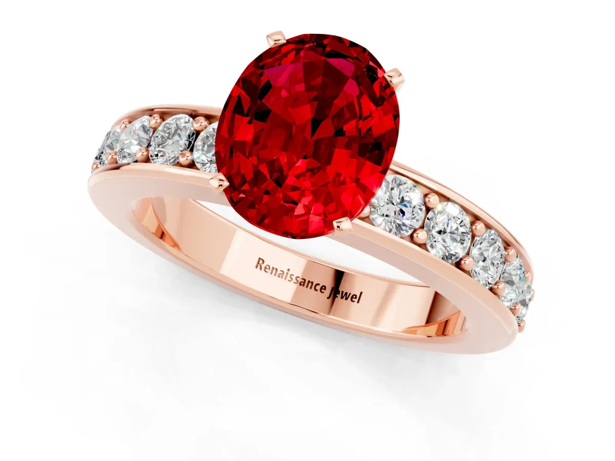 Oval Cut Ruby Engagement Ring with Channel Set Round Band and Prong Setting Rose gold