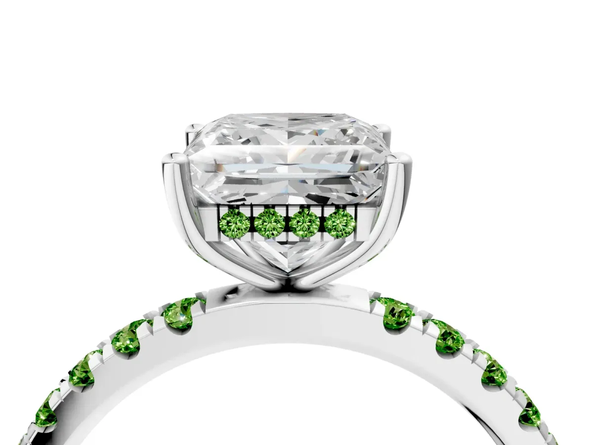 Princess Cut Diamond Pave Band Solitaire Ring with Round Peridot and Prong Setting Silver